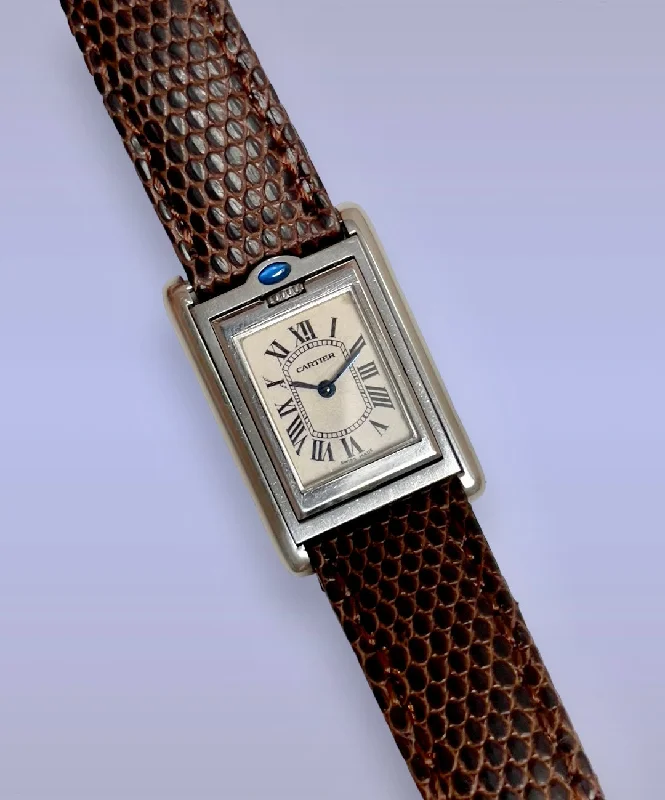 Watches with leather straps and quick release clasps   (SOLD) Cartier Tank Basculante